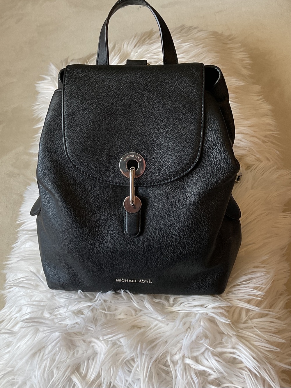 Michael Kors Black Pebbled Leather Drawstring Backpack